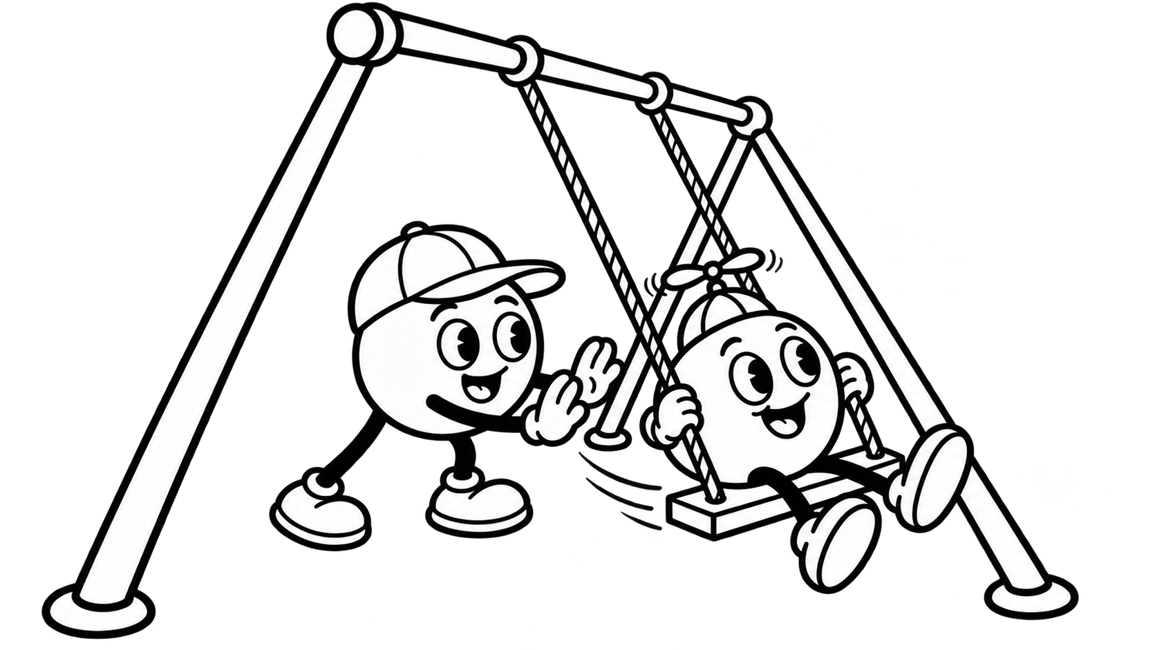 A round, torso-less figure in a dad hat pushes another round figure wearing a propeller beanie on a swing.