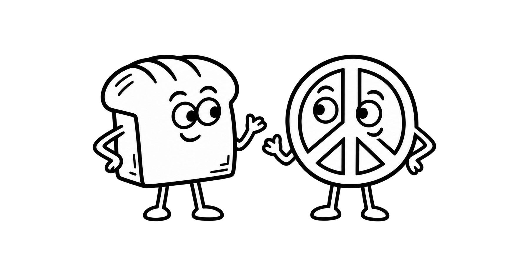 A compact loaf of bread and a peace symbol, each with expressive stick arms and legs.