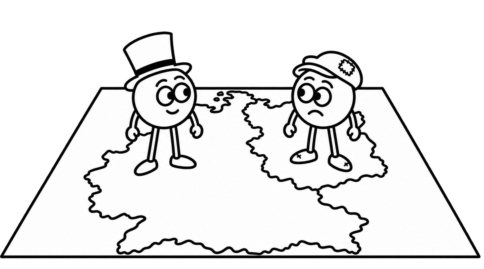 Two round body-and-face characters with stick limbs and no torso stand on a tilted map of Germany. The smiling western character wears a top hat; the frowning eastern character wears a patched cap.