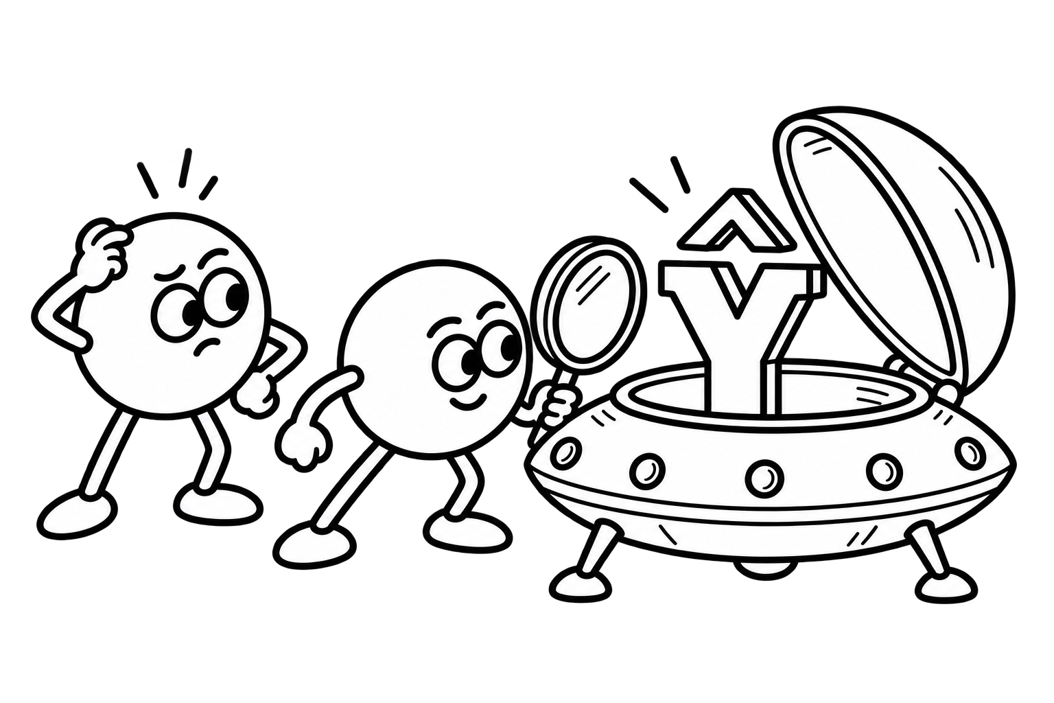 Two round, torso-less stick figures examine a faceless Y-hat in the open cockpit of a landed spaceship; one holds a magnifying glass while the other scratches its head.