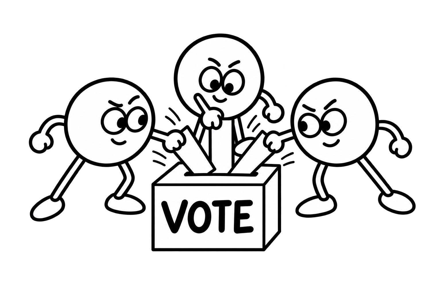 Three round, torso-free stick figures simultaneously squeeze their three ballots into the same voting box, labeled VOTE.